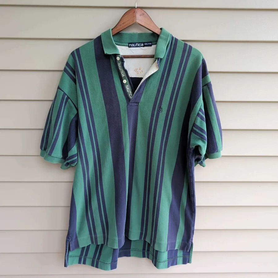 Nautica Polo Shirt Mens XXL Green Navy Blue Vertical Stripe Rugby Short Sleeve