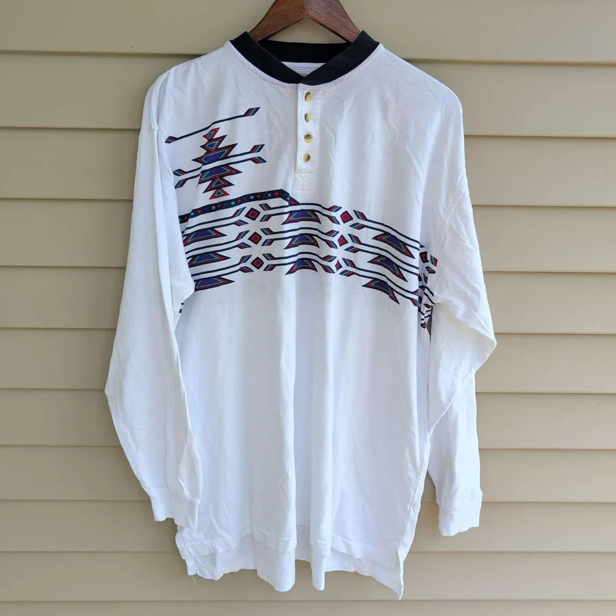 Western Frontier Henley Shirt Mens XL White Southwestern Geometric Long Sleeve