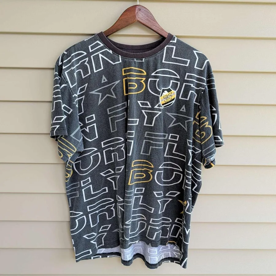 Born Fly T-Shirt Men 2XL Charcoal Grey All Over Print Logo Short Sleeve Y2K