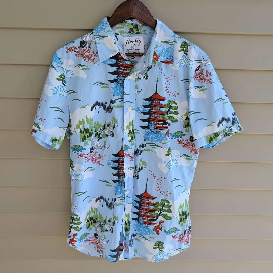 Firefly LootWear Button Down Shirt Mens Small Blue Dinosaur Japanese Pagoda 2017