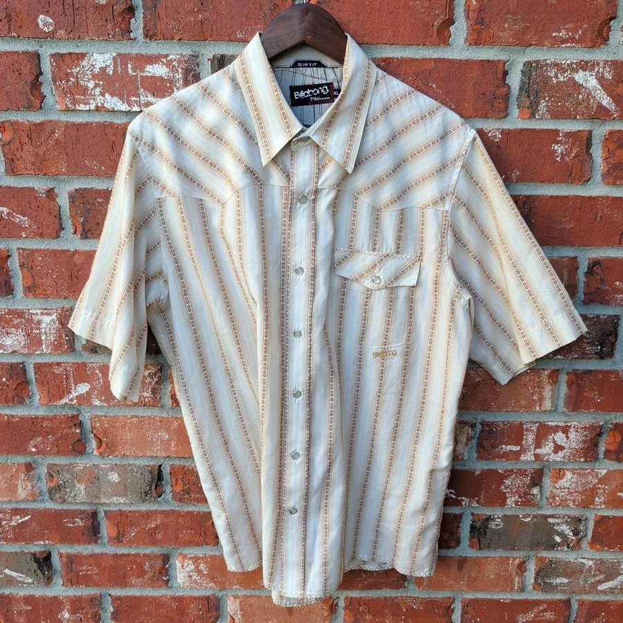 Billabong Button Down Shirt Mens XL Cream Orange Striped Western Slim Fit Short