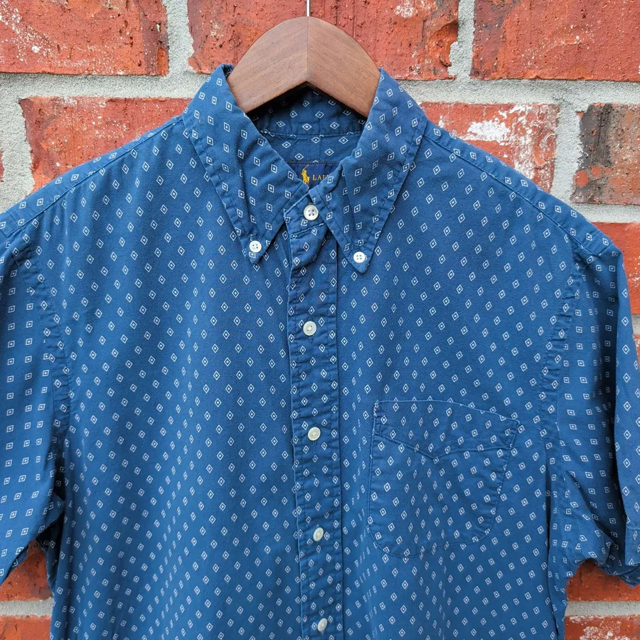 Ralph Lauren Short Sleeve Shirt Mens M Blue Diamond Print Button Down Cotton