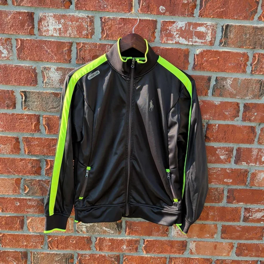 Polo Ralph Lauren Track Jacket Mens Medium Black Neon Green Racing Stripe Zip