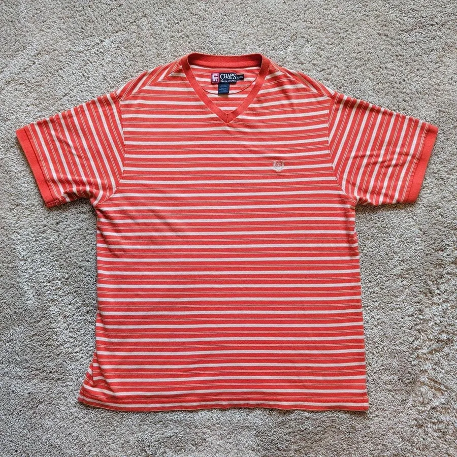 Chaps Ralph Lauren T-Shirt Mens XL Orange White Striped V-Neck Pique Logo