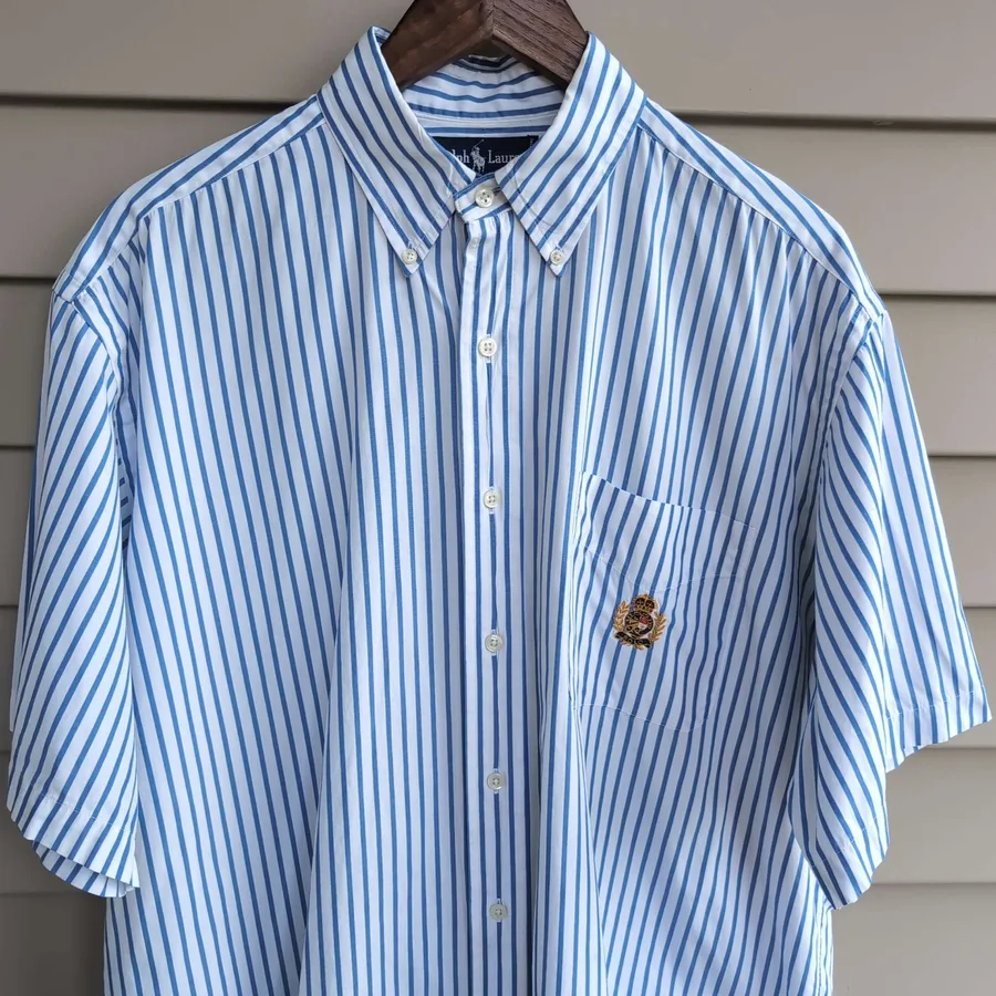 Ralph Lauren Striped Shirt Mens L Blue White Crest Logo Short Sleeve