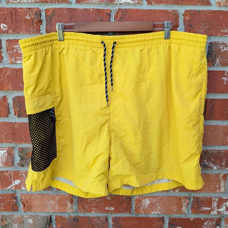 Wings U.S.A. Swim Trunks Mens XL Yellow Mesh Cargo Pocket Nylon Beach Shorts