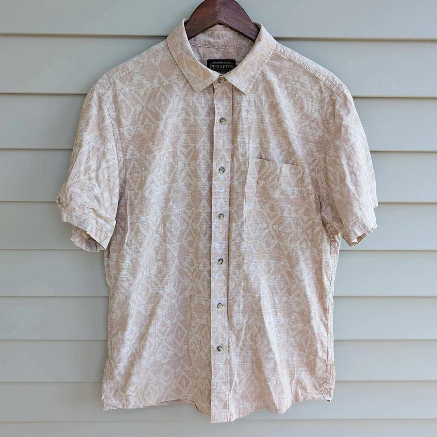 Pendleton Button Down Mens L Tan Geometric Diamond Short Sleeve Cotton Shirt