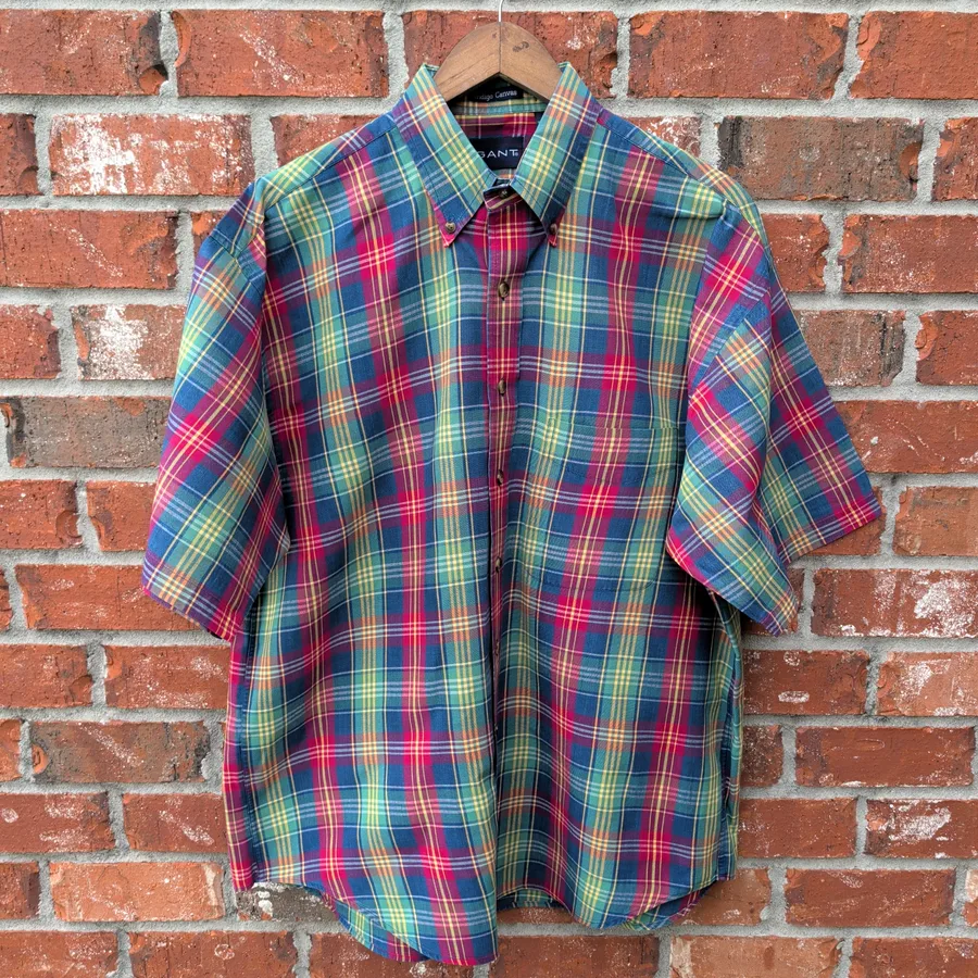 VTG 90's Gant Indigo Canvas Plaid Shirt Mens L Madras Short Sleeve Button Down