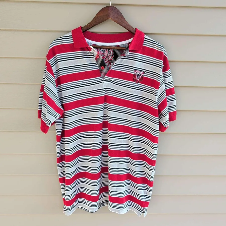 Raider Jean Co Polo Shirt Mens Large Red White Black Striped Short Sleeve Y2K