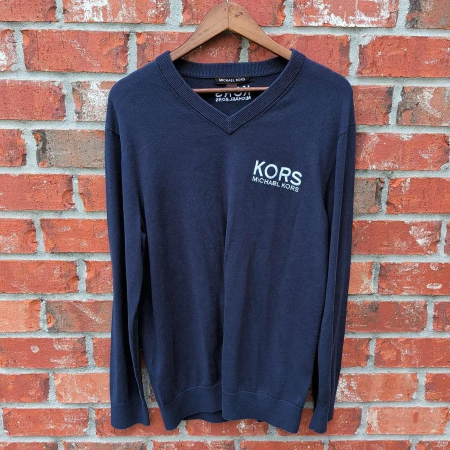 Michael Kors V-Neck Sweater Mens Medium Midnight Blue Logo Cotton