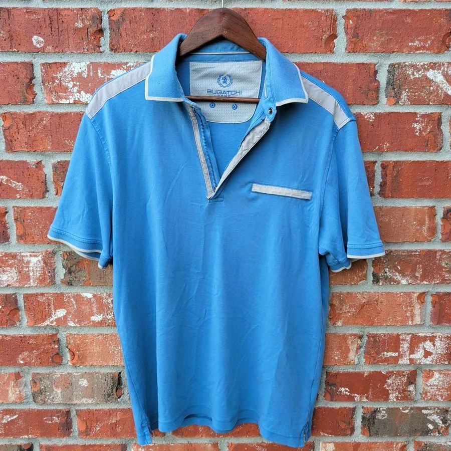 Bugatchi Uomo Polo Shirt Mens M Blue Pima Cotton Contrast Trim Zip Snap