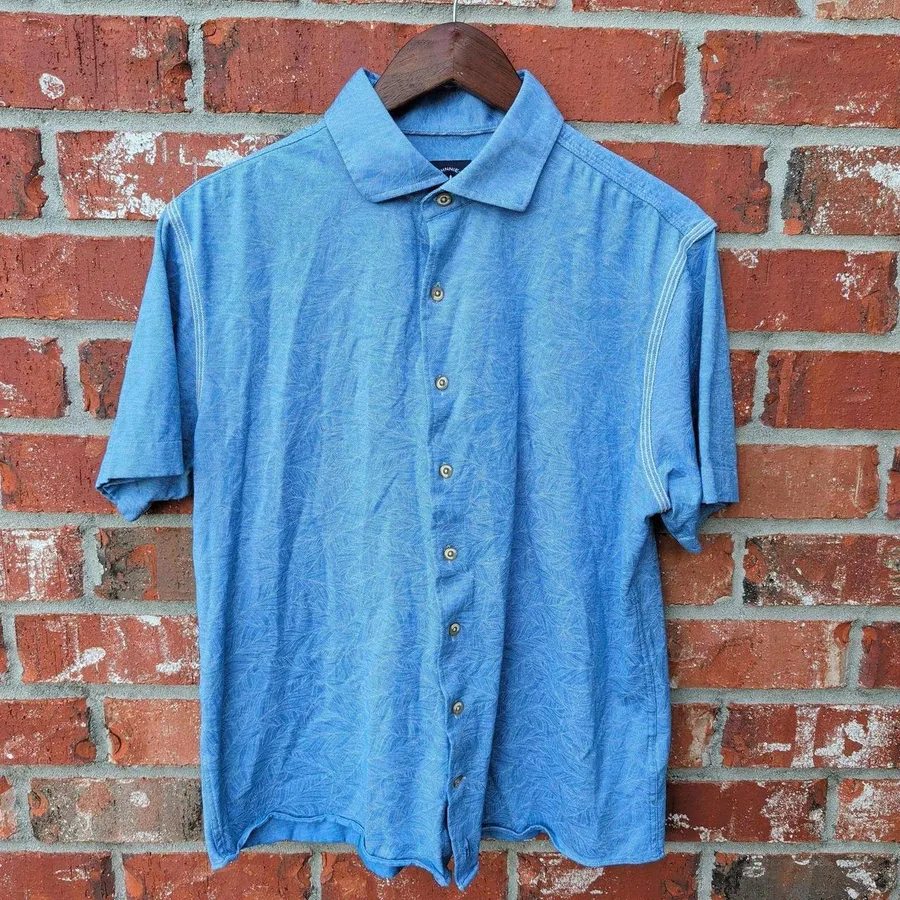 Johnnie-O Brock Shirt Mens Large Blue Top Shelf Cotton Leaf Print JMWS2430