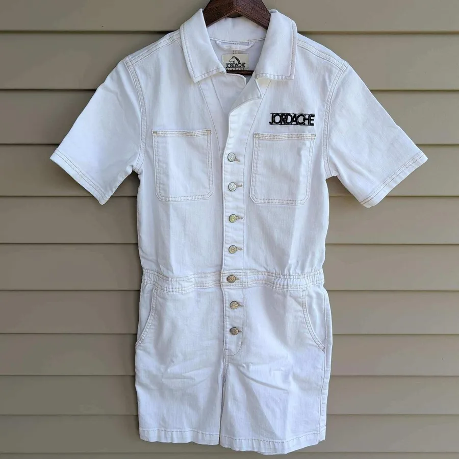 Jordache Utility Romper Womens XS White Vintage Denim Button Front