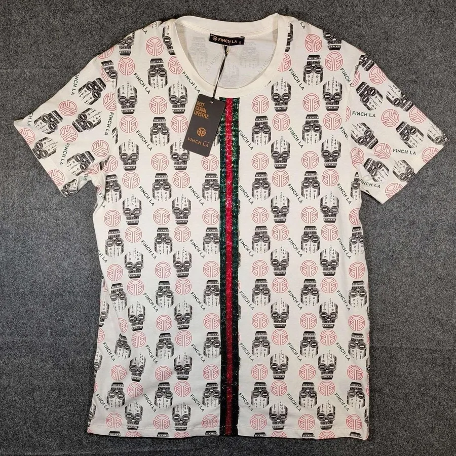 Finch LA Graphic T-Shirt Mens Small White Skull Rhinestone Stripe NEW