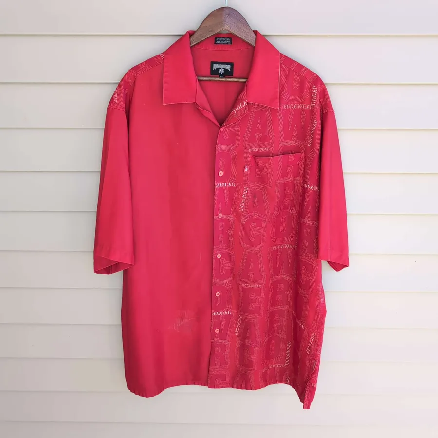 Rocawear Button Down Shirt Mens XL Red Y2K Logo Print Short Sleeve