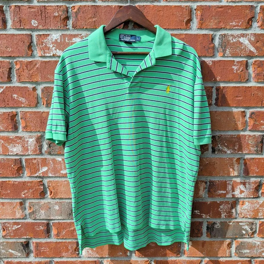 Polo Ralph Lauren Polo Shirt Mens Large Green Striped Short Sleeve Pony Logo