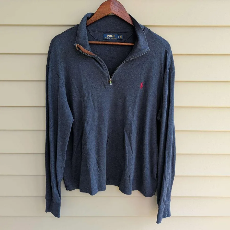Polo Ralph Lauren Quarter Zip Pullover Men Large Grey Cotton Long Sleeve Pony