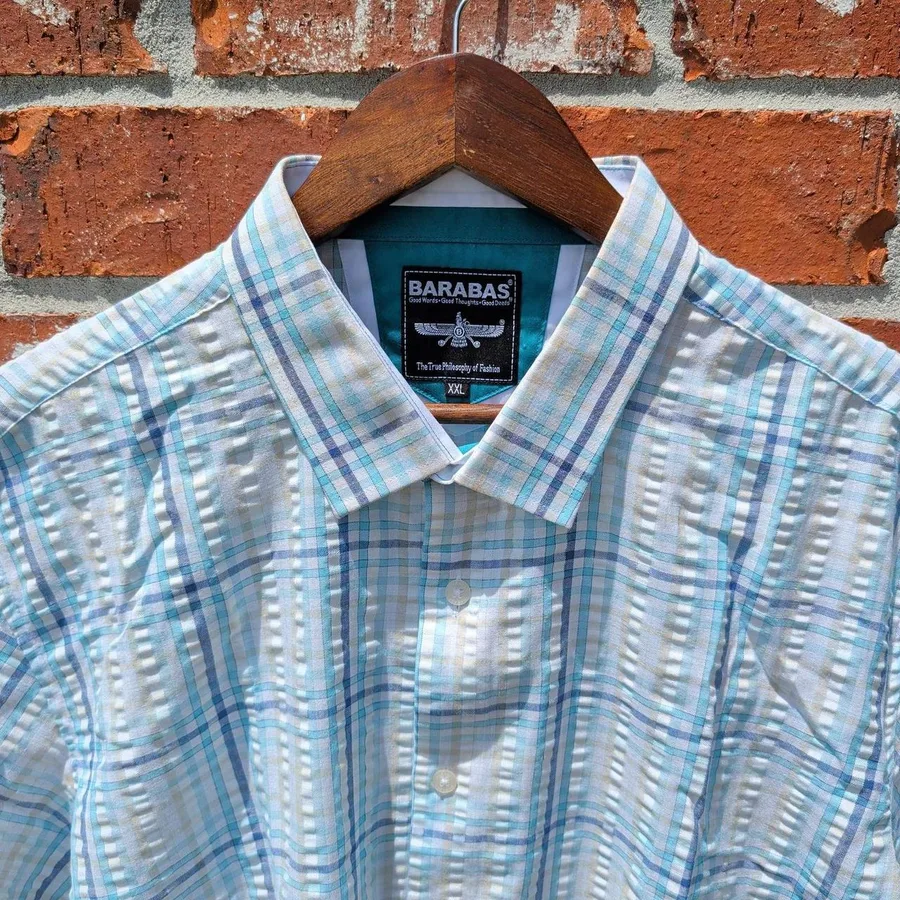 Barabas Button Down Shirt Mens XXL Blue Plaid Short Sleeve Textured Seersucker