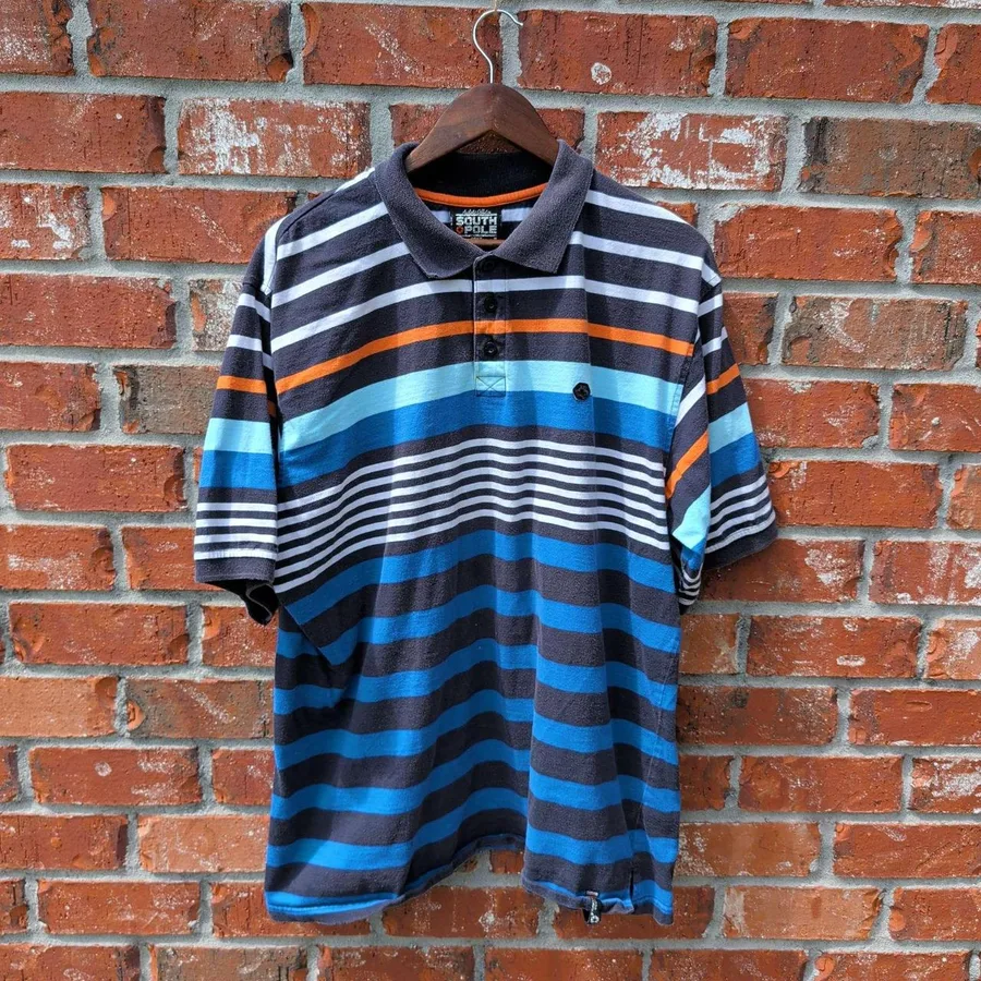 Southpole Polo Shirt Mens XL Blue Orange Striped Short Sleeve Y2K Streetwear