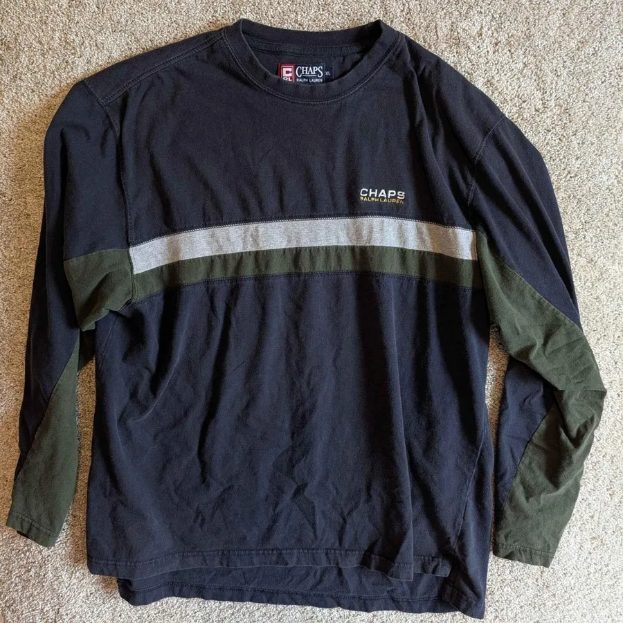 Chaps Ralph Lauren Long Sleeve Shirt Mens XL Black Olive Green Stripe Vintage