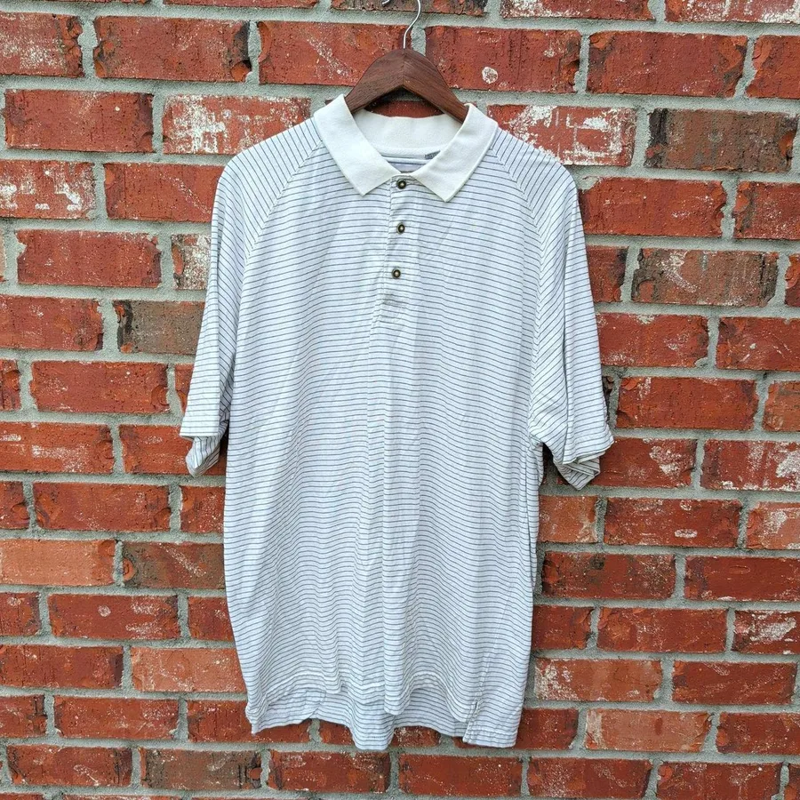 Vintage Reebok Golf Polo Shirt Mens XL White Navy Blue Striped Cotton