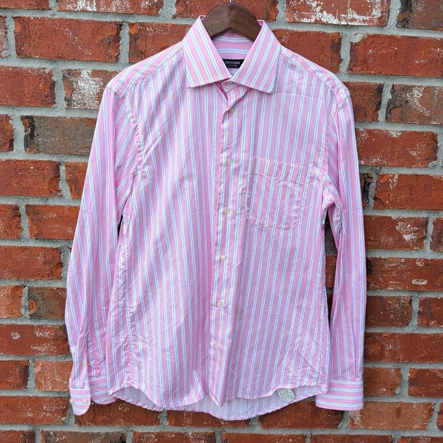 Bresciani Dress Shirt Mens 15.5 Pink White Striped Italian Cotton Long Sleeve
