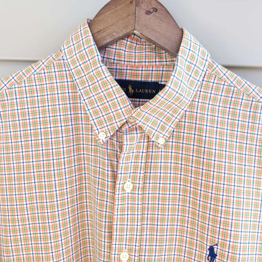Ralph Lauren Short Sleeve Shirt Mens L Large Orange Plaid Button Down Cotton