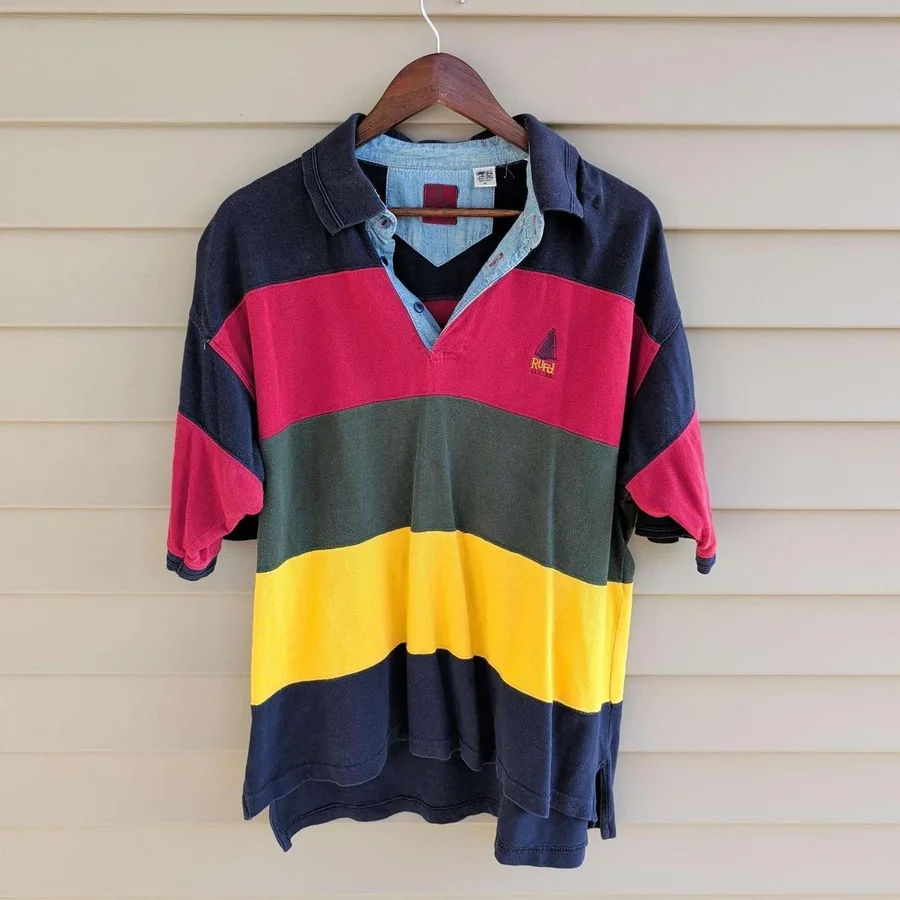 Ruff Sailing Rugby Shirt Mens Medium M Multicolor Colorblock Vintage Cotton