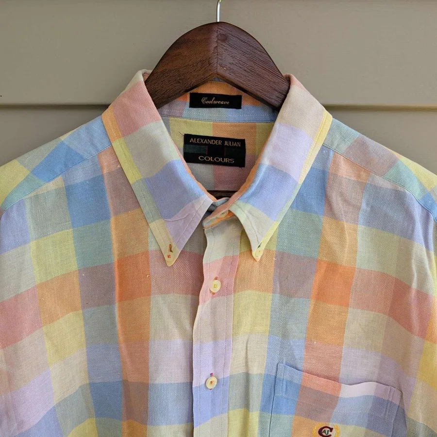 Alexander Julian Colours Shirt Mens XL Multicolor Pastel Plaid Linen Blend