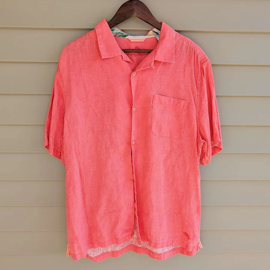 Tommy Bahama Button Down Shirt Mens Large Coral Pink 100% Linen Short Sleeve
