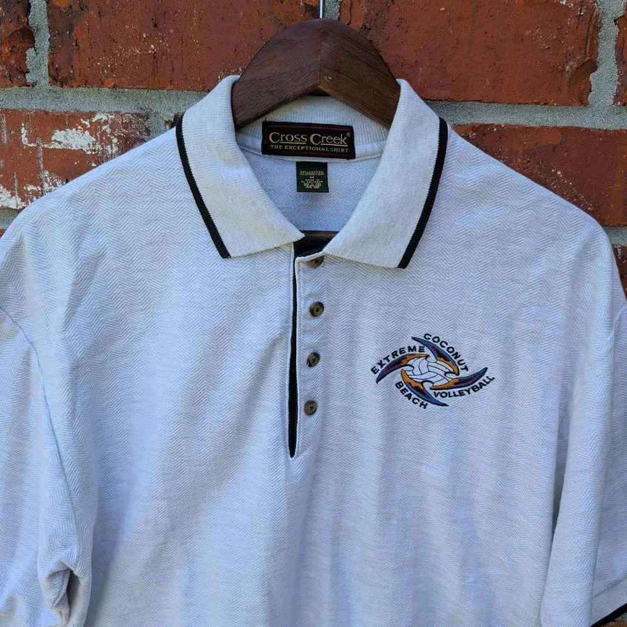 Cross Creek Polo Shirt Mens Medium Grey Herringbone Coconut Beach Volleyball