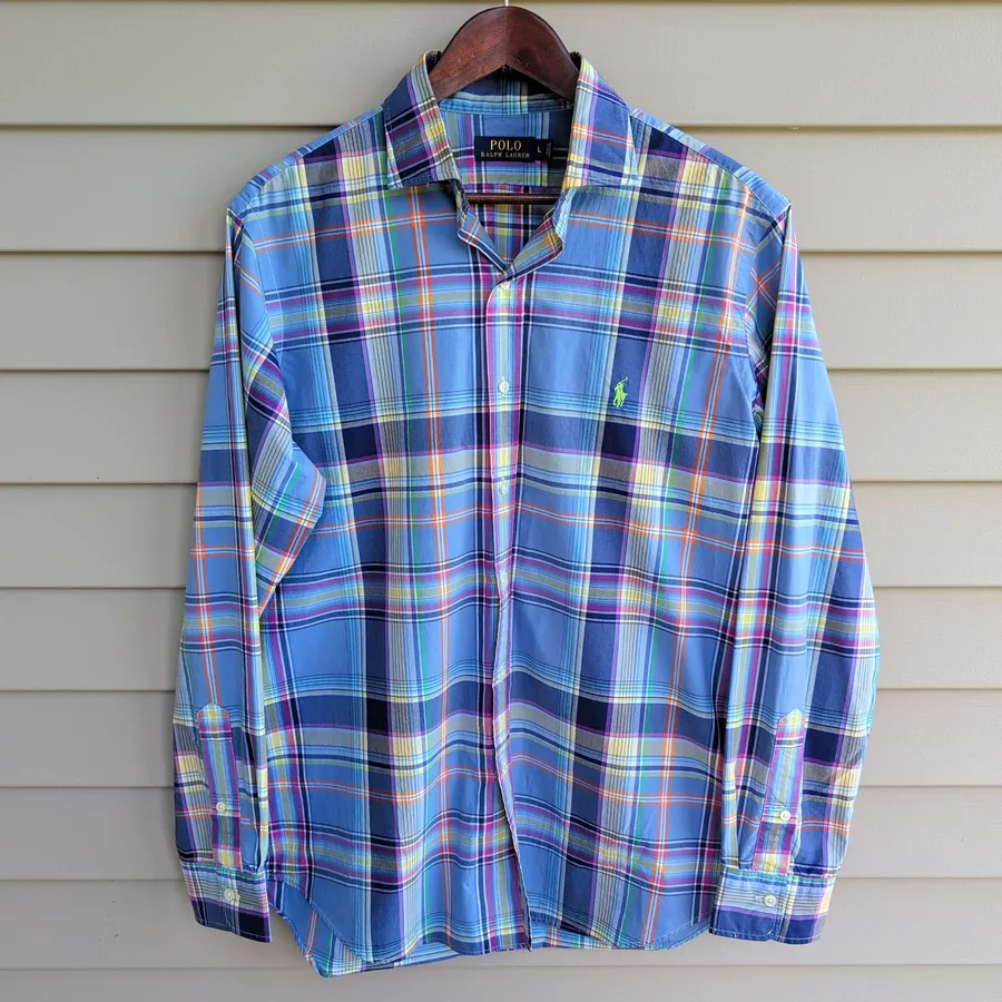 Polo Ralph Lauren Plaid Shirt Mens L Blue Madras Long Sleeve Button Down
