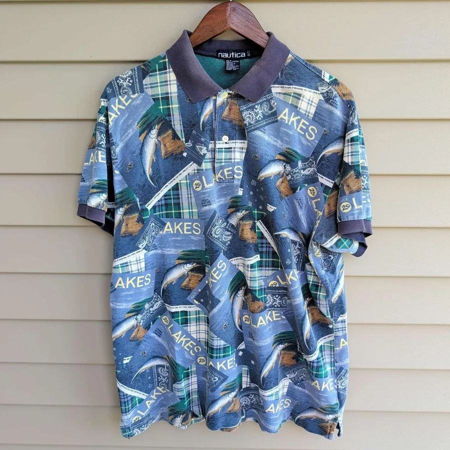 Nautica Polo Shirt Mens Large Blue Fishing Lake All Over Print Vintage 90s