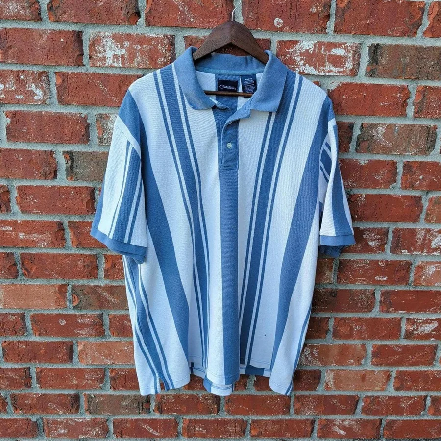 Catalina Polo Shirt Mens 2XL Blue White Vertical Stripe Cotton Short Sleeve 90s