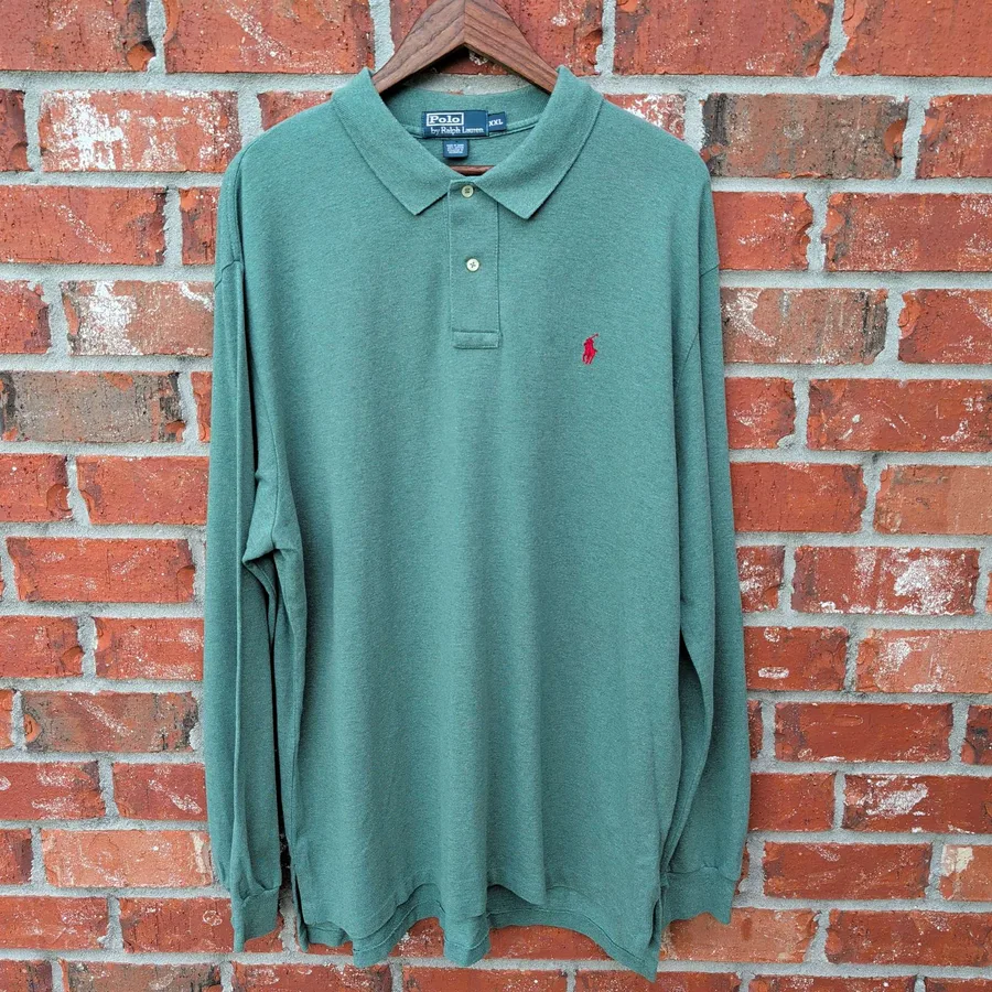 Polo Ralph Lauren Long Sleeve Polo Mens XXL Green Pique Cotton Vintage