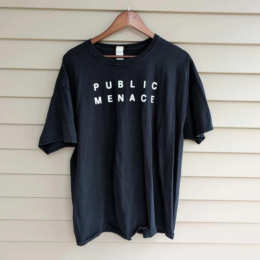 Fruit of the Loom Public Menace T-Shirt Mens 2XL Black Graphic Crew Neck Tee