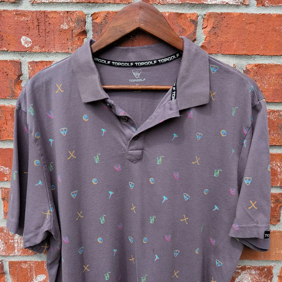 Topgolf Polo Shirt Mens XL Gray Novelty Print Cocktail Golf Clubs Short Sleeve