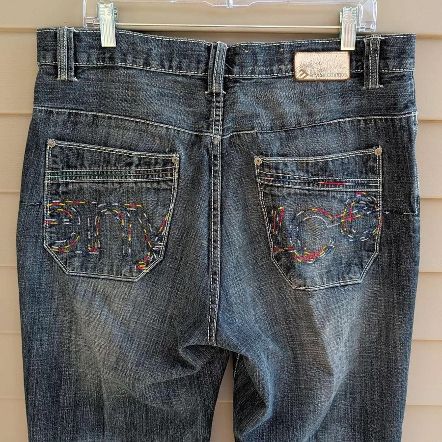 Enyce Denim Jeans Mens 34x31 Blue Dark Wash Rainbow Embroidered Y2K Streetwear