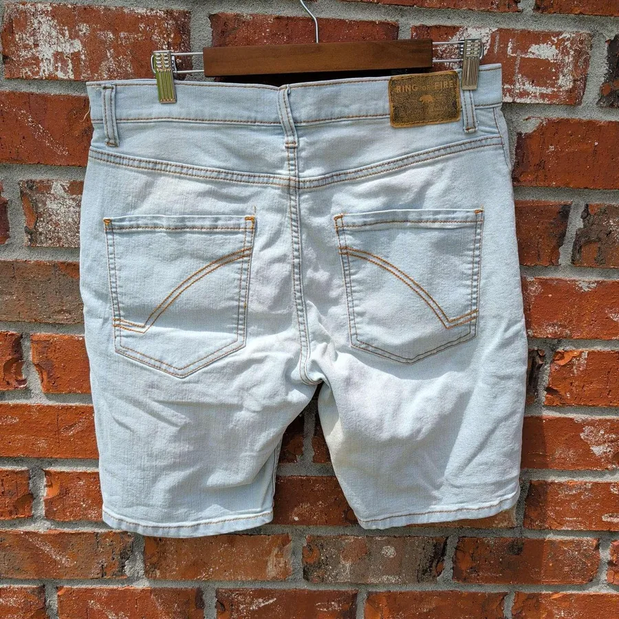 Ring of Fire Denim Shorts Mens 33 Light Blue Distressed Stretch RYB0990