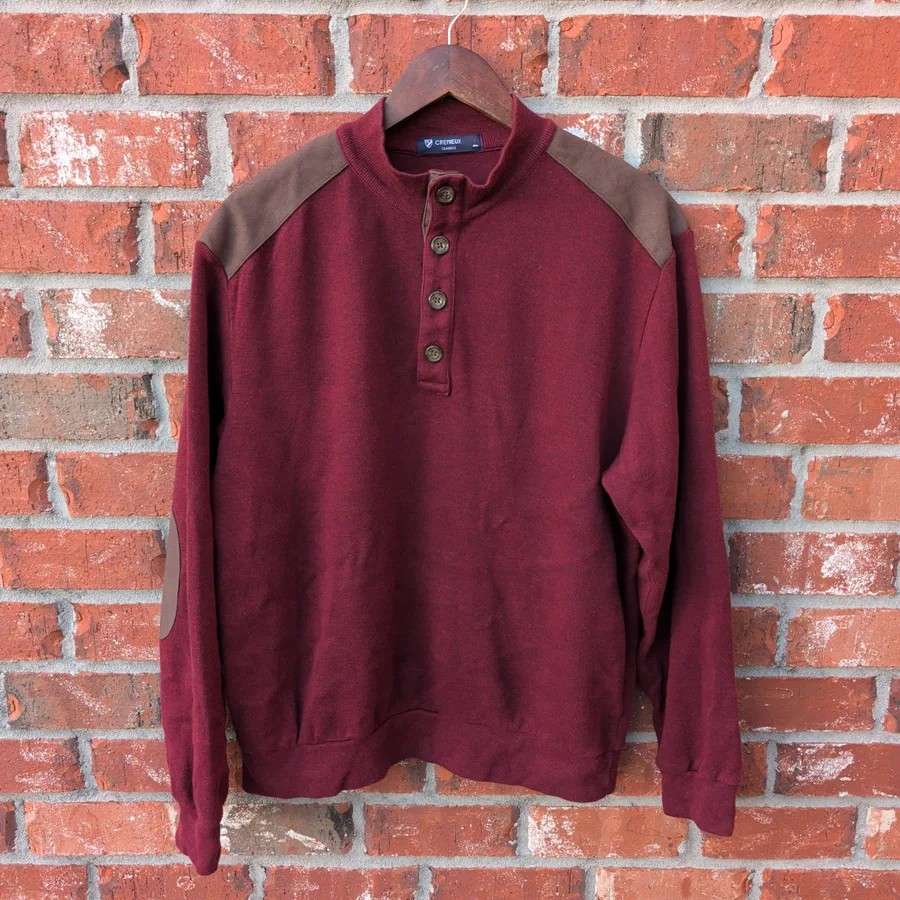 Cremieux Classics Henley Sweater Mens L Burgundy Elbow Patch Quarter Button