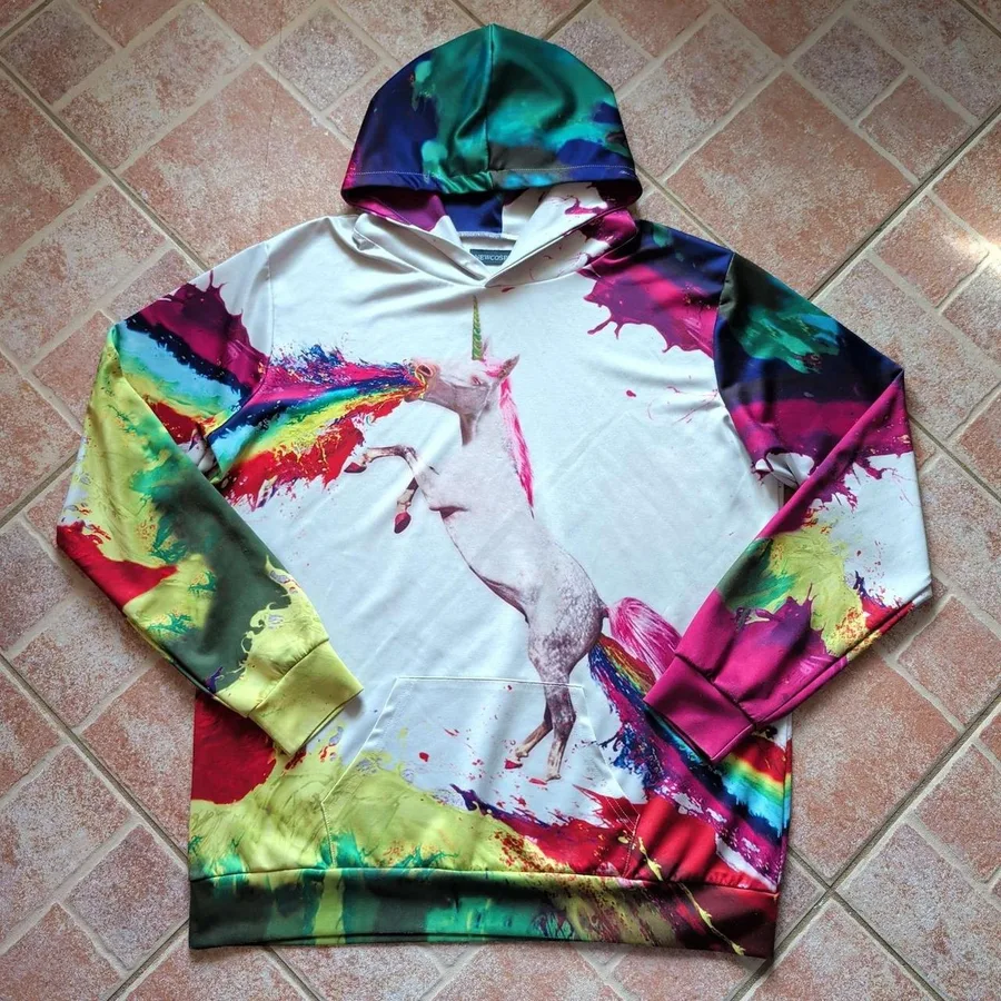 Newcosplay Hoodie Mens XXL/XXXL White Rainbow Vomiting Unicorn Paint Splatter
