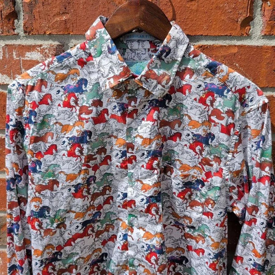 Peacock Blue Capetown Button Down Mens M White Horse Print Egyptian Giza Cotton