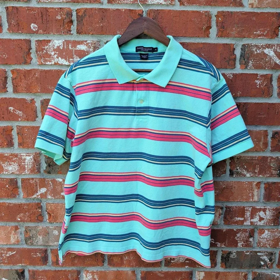 Daniel Cremieux Polo Shirt Mens XL Mint Green Striped Cotton Short Sleeve
