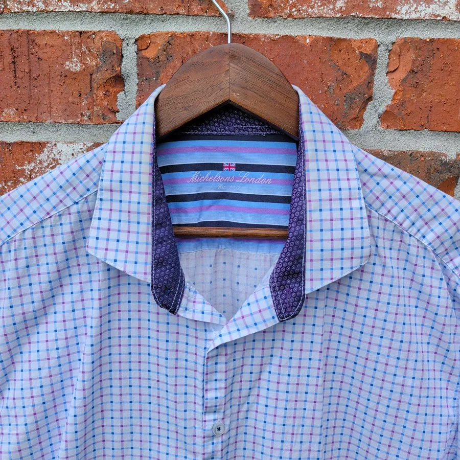 Michelsons London Shirt Mens XL Purple Check Contrast Cuff Long Sleeve