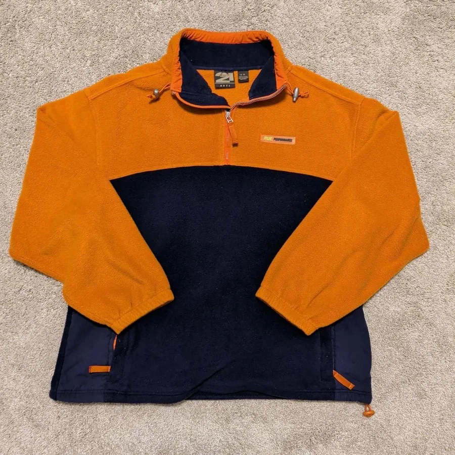 Rue 21 Fleece Pullover Mens XL Orange Navy Blue Quarter Zip Colorblock Mock Neck