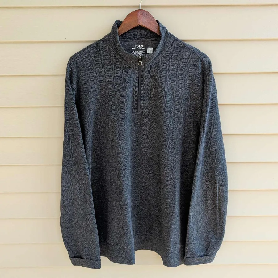 Polo Ralph Lauren Quarter Zip Pullover Mens XL Grey Herringbone Cotton Blend