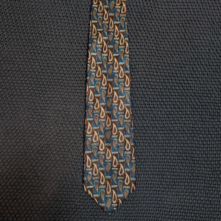 Bill Blass Necktie Mens OS Brown Teal Silk Paisley Geometric Pattern Vintage