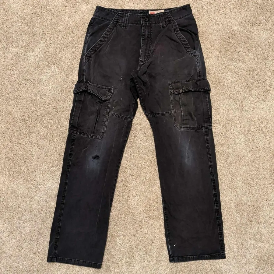 Wrangler Cargo Pants Mens 30x30 Black Relaxed Fit Distressed Cotton Workwear