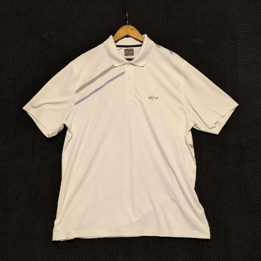 Greg Norman Polo Shirt Mens Large White PlayDry Tasso Elba Striped Golf Logo