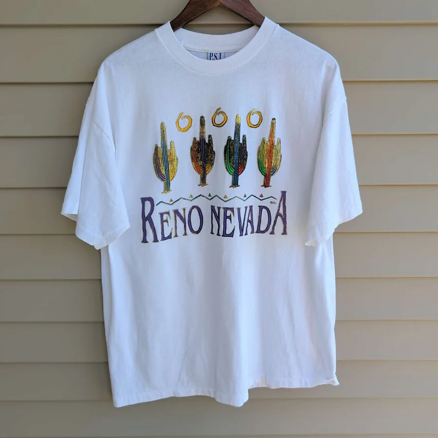 Vintage P.S.I. Reno Nevada T Shirt Mens XL White Cactus Graphic Tee 90s